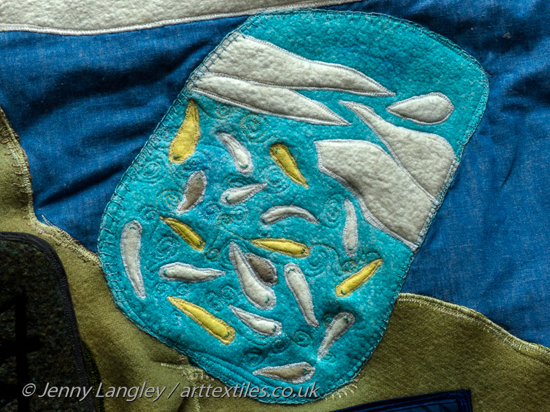 Beluga whales trapped in a bay by ice. Based on Cape Dorset Inuit art.