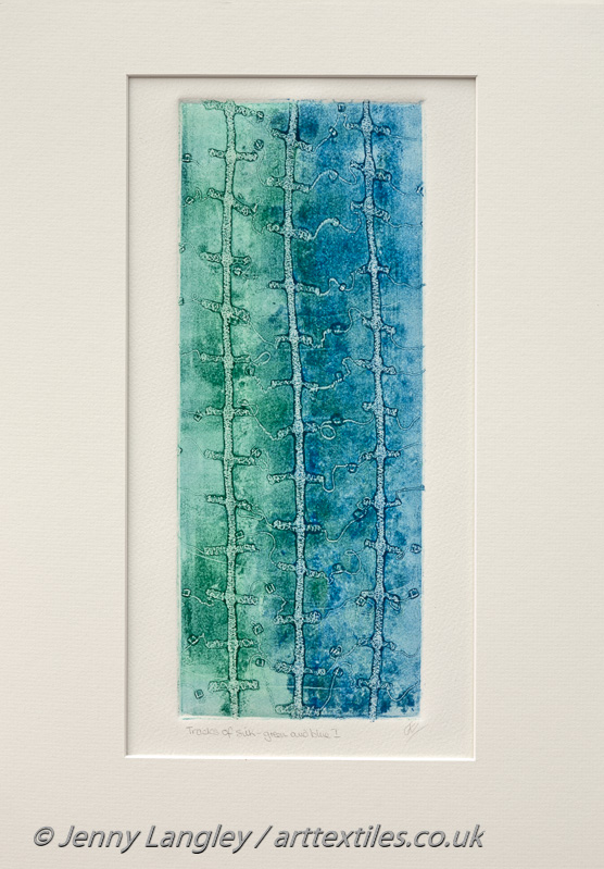 21.  Tracks of Silk - green and blue I              35cm by 50cm      £100 (white wood frame)